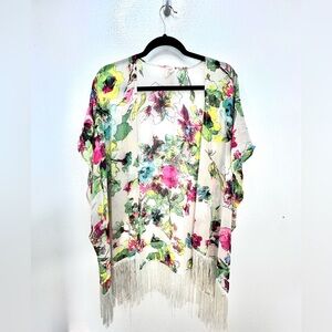 Op Oversized, Boxy, Watercolor Floral Fringe Kimono Swim Coverup S/Ch